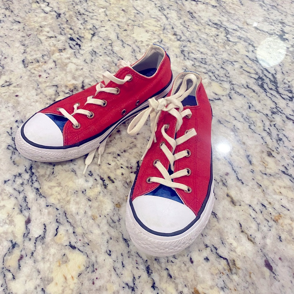 Red with blue Converse low tops